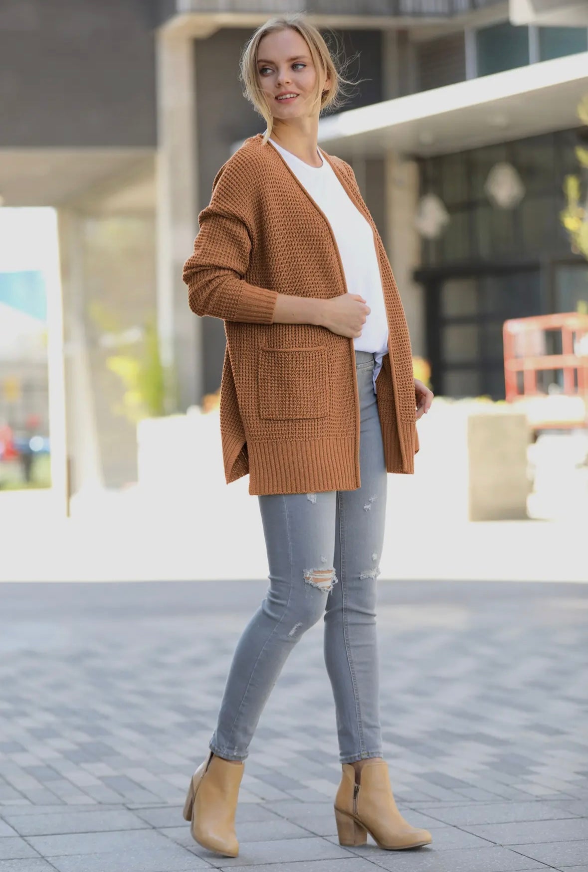 Madison Waffle-Knit Open Front Cardigan with Pockets