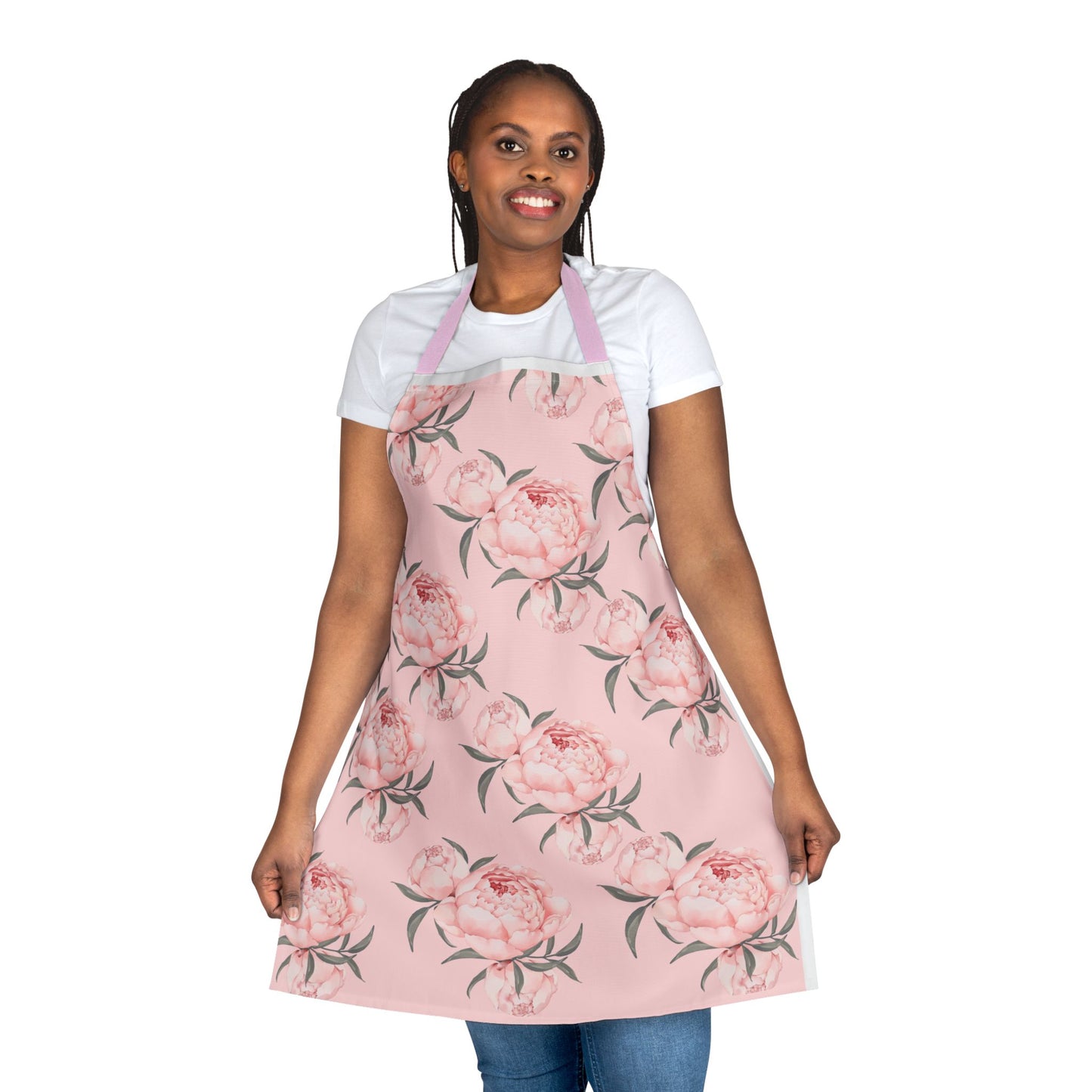Chef Apron, Pink Peony Design, 5-Color Straps, Personalized Kitchen Cooking Gift