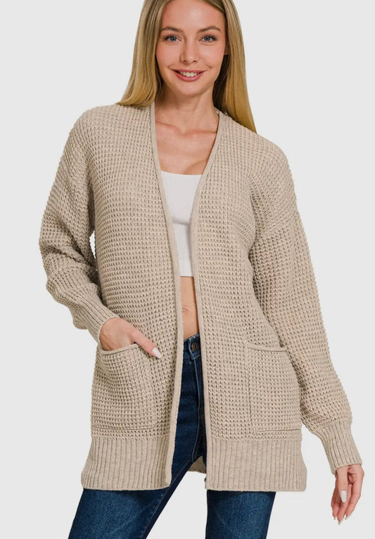 Madison Waffle-Knit Open Front Cardigan with Pockets 