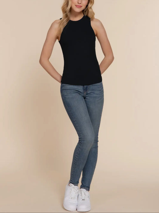 Women’s Ribbed Sleeveless High Neck Tank Top – Black, White & Blue