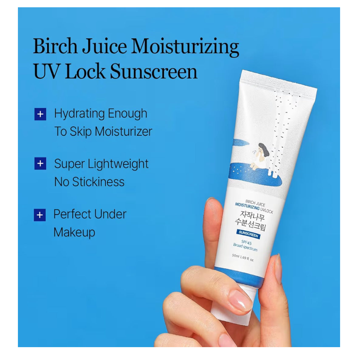 ROUND LAB Birch Juice Moisturizing Sunscreen SPF 45, Hydrating Lotion-like Lightweight, Sunscreen for Sensitive Skin, No White Cast, Fragrance-Free, Protector Solar, Korean Sunscreen